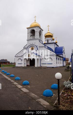 Chiesa ortodossa dell'entrata nel Tempio della Santissima Theotokos a Kobryn, Bielorussia, con cupole dorate e tetto blu circondato da alberi autunnali Foto Stock