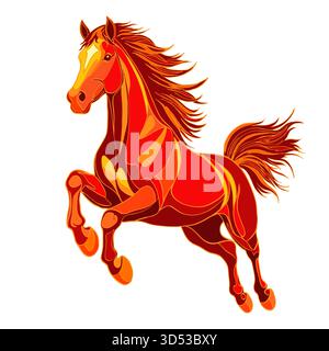 Bright Fire Horse in una posa dinamica. Simbolo del Capodanno cinese 2026. Cavallo rosso, arancione e giallo che corre veloce. Elemento di progettazione per le carte, Illustrazione Vettoriale