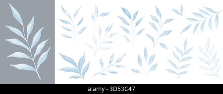 Set di piante, rami e fiori di colore azzurro, isolati su sfondo bianco. Collezione floreale decorativa dipinta a mano. Illustrazione Vettoriale
