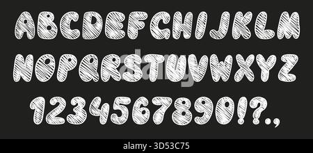 Crayon Kids font, doodle divertente e giocoso alfabeto. Numeri di tipografia disegnati a mano da scribble Kid. Pastello di cera scolastica abc simpatica calligrafia dell'asilo Illustrazione Vettoriale