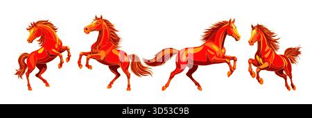 Bright Fire Horse in una posa dinamica. Simbolo del Capodanno cinese 2026. Cavallo rosso, arancione e giallo in piedi sulle zampe posteriori. Elemento di design per schede Illustrazione Vettoriale