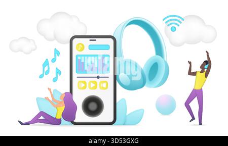 Streaming di musica digitale moderna con interfaccia per smartphone, cuffie wireless, audio, onde sonore e tecnologia cloud isolata su sfondo bianco Illustrazione Vettoriale