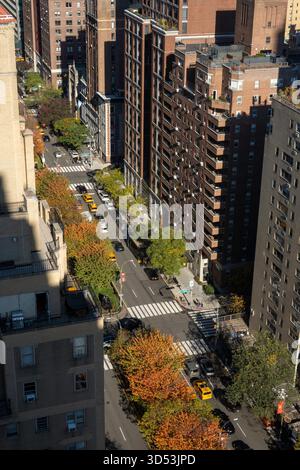 Vista ad alto angolo di Park Avenue a Murray Hill con fogliame autunnale arancione brillante nella media, 2025, New York City, Stati Uniti Foto Stock