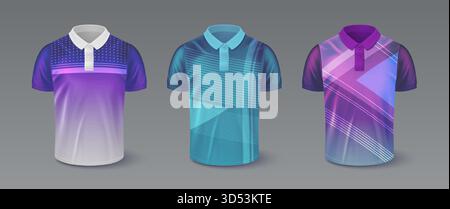 Set di polo colorato con motivo a righe turchesi e motivi geometrici rosa per un design sportivo. Modelli di maglie sportive con colletto e stampe per capi di abbigliamento casual o di squadra. Illustrazione Vettoriale
