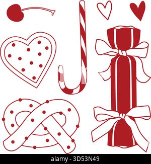Collezione di dolci natalizi disegnati a mano: Caramelle, canna da zucchero, ciliegia, pretzel e cuore di pan di zenzero di colore rosso Illustrazione Vettoriale