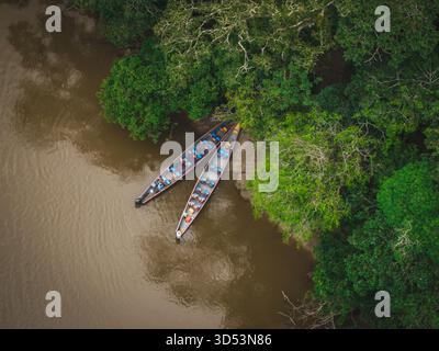 Vista aerea di due canoe che riposano sulle tranquille e fangose acque del fiume, delimitate dal baldacchino smeraldo dell'Amazzonia, Tipishca, Sucumbios, Ecuad Foto Stock