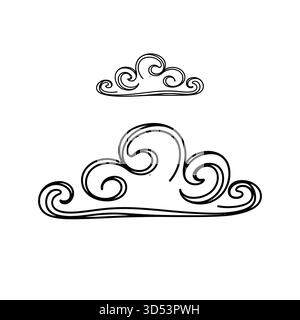 Due forme di nuvole stilizzate e disegnate a mano con motivi vorticosi sono raffigurate con inchiostro nero su sfondo bianco. Il cloud più grande è al di sotto di quello più piccolo. Illustrazione Vettoriale
