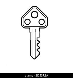 Un semplice disegno in bianco e nero di una chiave moderna. La testa è triangolare con tre fori circolari. La punta ha un esclusivo motivo seghettato. Illustrazione Vettoriale