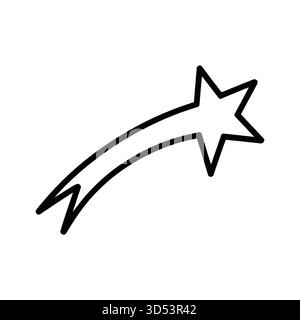 Un disegno minimalista in bianco e nero di una stella con una coda di coda, che ricorda una stella cadente. Illustrazione Vettoriale