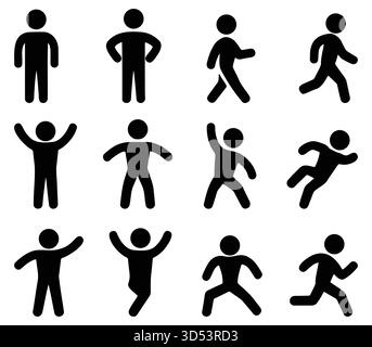 icone di figure umane, set uomo in piedi che salta in corsa, design vettoriale nero minimale, illustrazione delle attività delle persone Illustrazione Vettoriale