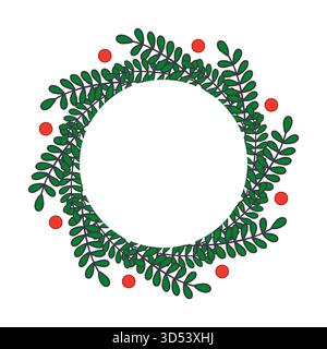 Un elegante bordo circolare composto da foglie verdi lussureggianti e frutti di bosco rossi stilizzati che formano una splendida corona naturale. Ideale per i saluti delle vacanze Illustrazione Vettoriale