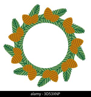 Una festosa corona rotonda composta da rami di abete verde stilizzati e numerosi grandi coni di pino bruno, che creano un tradizionale holida natalizio e invernale Illustrazione Vettoriale