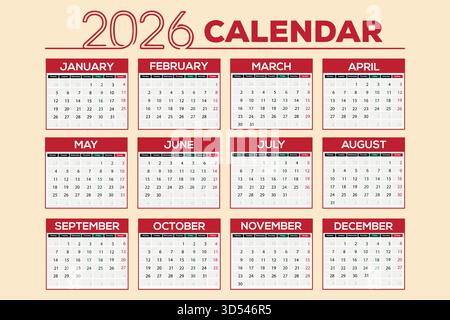 Calendario completo per l'anno 2026, mese per mese. Design semplice, pulito e pronto per la stampa per la pianificazione e l'uso professionale. Illustrazione Vettoriale