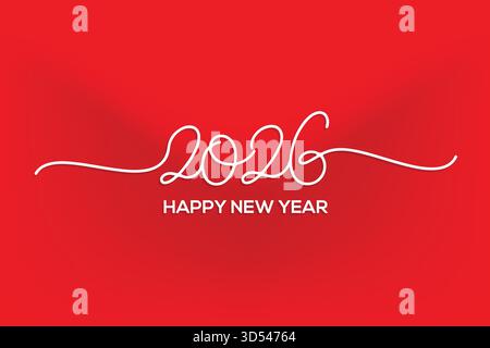 Elegante calligrafia Happy New Year 2026 con una linea continua su uno sfondo rosso brillante. Perfetto per biglietti d'auguri e striscioni. Illustrazione Vettoriale
