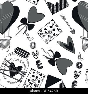 Motivo vettoriale senza cuciture per San Valentino. Palloncini sotto forma di cuori, lettere d'amore, frecce di Cupido. Tutto è disegnato a mano con inchiostro e. Illustrazione Vettoriale