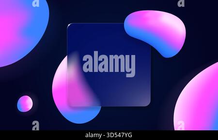 Elegante interfaccia in vetro blu viola con luce soffusa, bolle smerigliate e sfumatura lucida. Morfismo del vetro, banner tecnologico futuristico o design di app. Illustrazione Vettoriale