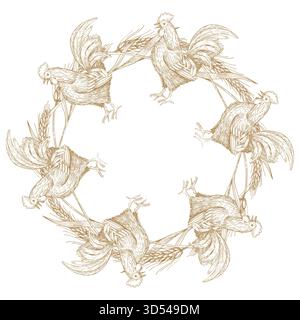 Ghirlanda di gallo e grano. Illustrazione realizzata a mano in stile inchiostro vettoriale. Per il design dell'imballaggio, le schede, la copertina, le stampe, le etichette dei prodotti e il tessuto. Illustrazione Vettoriale