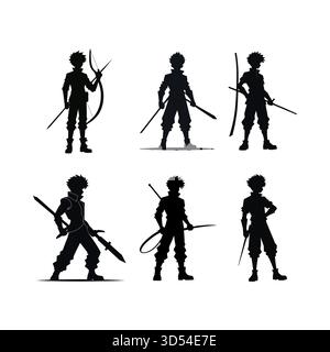 Sagome di guerrieri con armi isolate su sfondo bianco Illustrazione Vettoriale