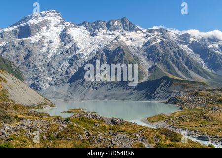 Monte Sefton innevato con lago Mueller in primo piano. Foto Stock