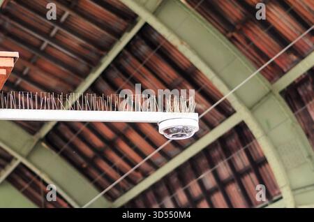 Una telecamera di sicurezza è montata sul tetto di un edificio con punte per uccelli per impedire l'atterraggio degli uccelli Foto Stock