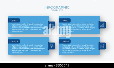 Moderno layout infografico in 4 fasi con caselle sfumate blu e icone minimaliste. Illustrazione Vettoriale