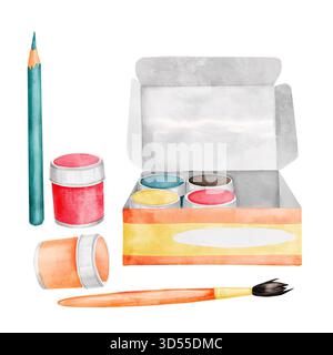 Un set di vernici acriliche o gouache in una scatola di cartone aperta. Vasi di vernici multicolore, un pennello e una matita per disegni per bambini. Acquerello Foto Stock