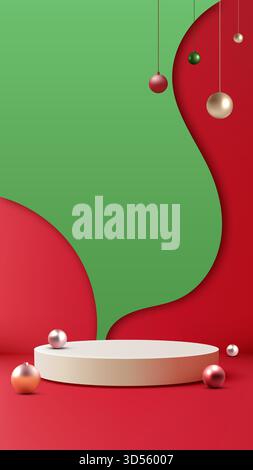 Sfondo 3D per le festività natalizie per la presentazione del prodotto e la promozione stagionale. podio circolare bianco contro pareti ondulate rosse e verdi con m Illustrazione Vettoriale