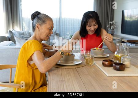 Madre e figlia asiatica senior si godono un pasto insieme a casa, condividendo momenti di gioia Foto Stock