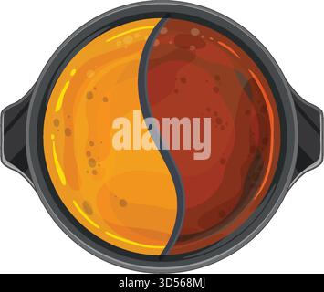 Vettore top-down di doppi brodi hot pot in stile yin yang, colori vivaci, linee pulite Illustrazione Vettoriale