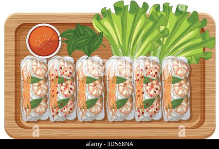 Illustrazione vettoriale degli involtini primavera di gamberi con lattuga, erbe aromatiche e salsa da immersione, vista dall'alto verso il basso Illustrazione Vettoriale