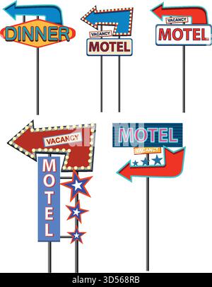 Colorate insegne vintage di motel e ristorante con frecce, testo libero, contorni audaci e accenti stellati Illustrazione Vettoriale