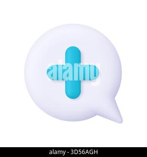 Bolla bianca con croce medica blu o segno più. Assistenza sanitaria, comunicazione medica, consultazione online e concetto di chat ospedaliera. vettore 3d. Illustrazione Vettoriale