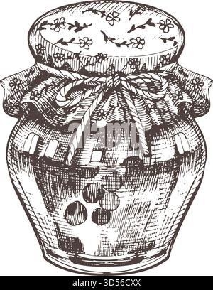 Illustrazione vettoriale vintage di una marmellata con copertura in tessuto e fiocco, disegnata con una dettagliata grafica a linee d'inchiostro. Perfetto per marmellate di etichette fatte in casa e stampe da cucina Illustrazione Vettoriale
