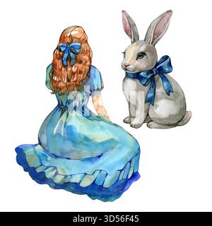 Illustrazione acquerello di una ragazza con un vestito blu seduta con un simpatico coniglietto con un fiocco. Fantasiosa arte fiabesca perfetta per i disegni dei bambini Foto Stock