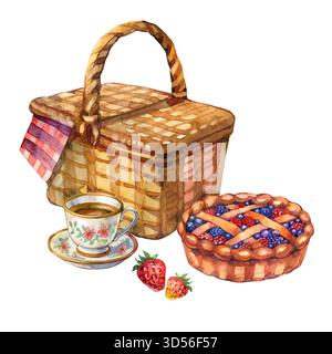 Set da picnic con acquerello con cestino di vimini, torta di frutti di bosco, tazza da tè e fragole. Un'accogliente illustrazione del cibo estivo, perfetta per carte, menu e confezioni Foto Stock