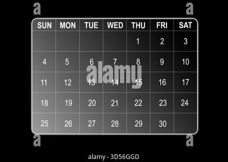 Calendario digitale. Agenda mensile trasparente con griglia, appuntamenti, promemoria e scadenze, interfaccia minimalista per la pianificazione, pianificazione aziendale, Foto Stock