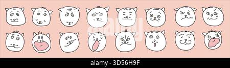 Simpatici volti di gatto cartoni animati con varie emozioni Illustrazione Vettoriale