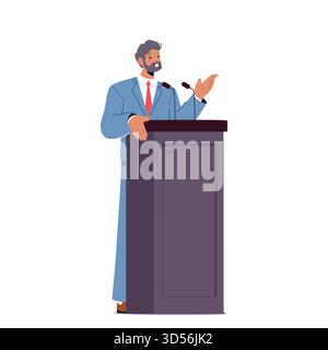 Il personaggio maschile maturo parla da Tribune rivolgendosi a Una folla di ascoltatori con passione e intensità. Public Speaking, Political Event o Inspir Illustrazione Vettoriale