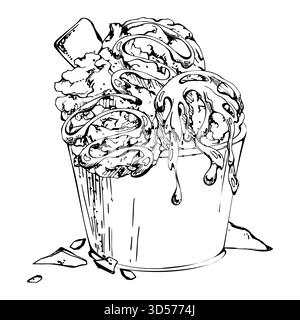 Sorbetti il gelato in una tazza di carta semplice con pistacchio, sciroppo di cioccolato fuso, foglie di menta. illustrazione grafica disegnata a mano con inchiostro vettoriale Illustrazione Vettoriale