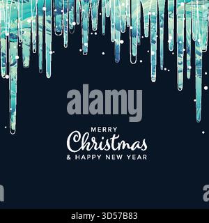 Festeggia con questo elegante design di buon Natale e felice anno nuovo, caratterizzato da ghiaccioli azzurri ghiacciati e delicati fiocchi di neve cadenti. Le vacanze invernali Illustrazione Vettoriale