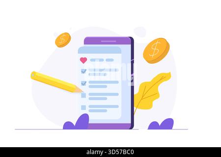 Lista dei desideri per lo shopping online, aggiungi il concetto di collezione personalizzata. Illustrazione vettoriale. Illustrazione Vettoriale