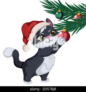 Gattino carino con decorazioni sospese per il cappello di Santa Maria sul ramo dell'albero. Opere d'arte isolate Christmas Feline Illustrazione Vettoriale