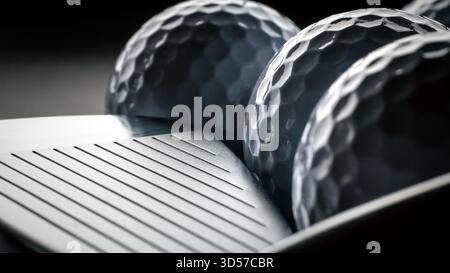 Primo piano delle palle da golf e della faccia da golf in ferro Foto Stock