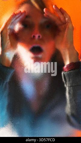 Frau hinter einer Glasscheibe model realase vorhanden GER, 20251030, Frau hinter einer Glasscheibe an einer Eingangstür *** donna dietro un pannello di vetro modello realase available GER, 20251030, donna dietro un pannello di vetro alla porta di ingresso M:RY Foto Stock