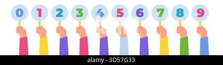 Mano che tiene i voti dei giudici. Punteggi o feedback del concorso. Concetto di voto. . Illustrazione vettoriale Illustrazione Vettoriale