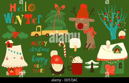 Set di cartoni animati con animali carini ed elementi natalizi Illustrazione Vettoriale