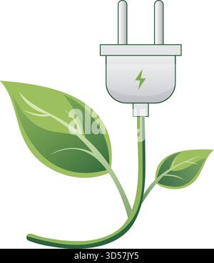 Illustrazione della spina ecocompatibile con foglie verdi che simboleggiano il concetto di energia sostenibile Illustrazione Vettoriale