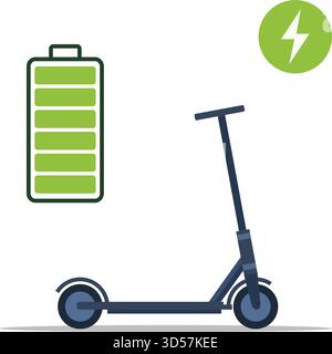 Illustrazione dello scooter elettrico con icona della batteria e simbolo di ricarica per un trasporto ecologico Illustrazione Vettoriale
