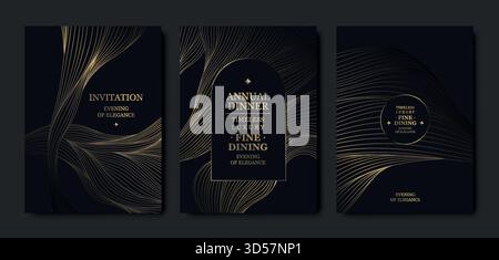 Carta di credito con sfondo dorato premium, eleganti linee ondulate, motivi astratti, estetica VIP, inviti di gala di lusso. Moderno modello vettoriale, scuro Illustrazione Vettoriale