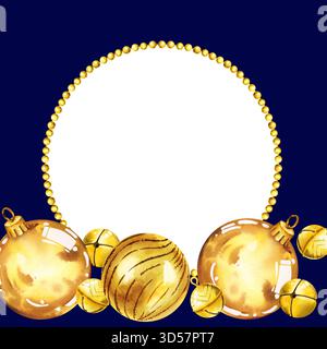 Cornice bianca rotonda ad acquerello con giocattoli sull'albero di Natale con palle d'oro lucido, campane glitter dorate vintage, stelle su sfondo blu scuro, illus invernale Foto Stock